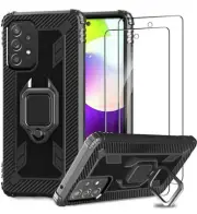 Phone Cover For Samsung Galaxy A52 Black Finger Ring Kickstand Screen Protector