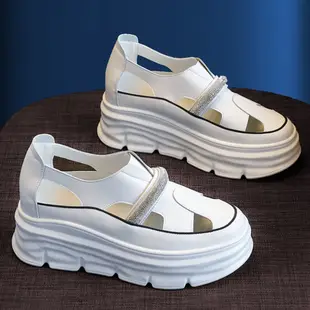 T2R-正韓空運-真皮素面拼接水鑽裝飾套腳厚底涼鞋-增高約7公分-白