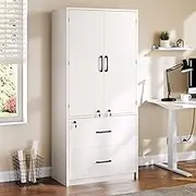 DWVO File Cabinet with Lock, Wood Filing Cabinet with Doors, Storage Cabinets with Adjustable Shelves, Garage Tool Cabinets for Home Office, Living Room, Pantry, Basement, Warehouse, White