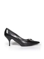 Black Leather Buckled Point Toe Pumps