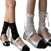 Japanese Women Summer Ruched Mesh Leg Warmer Ribbon Bowknot Calf Socks