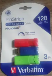 Verbatim PinStripe 128GB USB 3.2 Type-A Flash Drive Red/Green/Blue 3/Pack New!