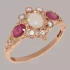 14k Rose Gold Natural Opal Ruby Diamond Womens Trilogy Ring - Sizes 4 to 12