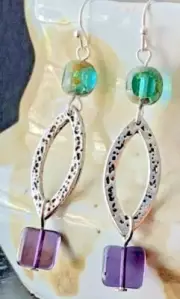 Hammered Silver, Purple and Green Glass Dangle Earrings.