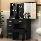 Black Vanity Desk with LED Sliding Mirror & 6 Drawers, Dressing Table with Stool