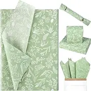 100 Sheets Sage Green Wildflowers Tissue Paper - Green White Floral Printed Botanical Decorative for Boho Themed Baby Shower, Wedding, Birthday, DIY Craft