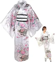 [Hemore] Yukata for Women Floral Pattern Japanese Kimono Silky Comfortable Skin-Friendly with Kimono Belt Kyoto Traditional Blossom Robes for Party, Cosplay, Props, Yukata, Women