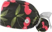 [WOSHJIUK] Working Hat 2 Pack Scrub Caps for Women,Red Cherry Pattern Fruit,Tie Back Cap Adjustable Scrub Hat