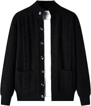[SWJGLITTR] Men's Button Stand Collar Cardigan Ribbed Cardigans Sweater with Pockets Down Cable Knitted Men Sweater Jackets, Black, Large