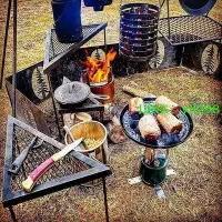 在飛比找Yahoo!奇摩拍賣優惠-戶外露營三角網桌焚火鐵架圍爐桌野營燒烤架三件套置物架瀝水茶幾
