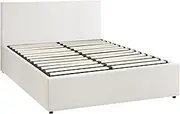 OIKITURE Bed Frame Gas Lift Base with Storage Space, Wooden Bed Frame Platform with Headboard White, Queen Size, 208.5cm x 153cm x 88cm
