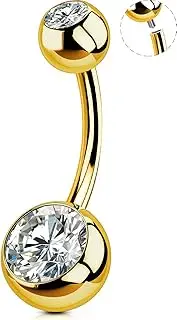 [OUFER] 14G Belly Button Piercing Titanium Gold 10 mm 12 mm 14 mm 16 mm Bar Length Internal Thread Piercing Navel Long CZ Balls Titanium Belly Button Piercing Navel Bars Navel Ring