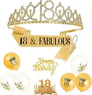 18th Birthday Sash Crown Set Glitter Girl Birthday Queen Sash Tiara Set with 6 Balloons Decorative Rhinestone Birthday Crown Happy Birthday Cake Topper Party Supplies for Birthday PoUYWH