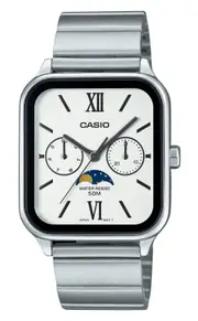 Casio Moon Phase Day/Date Stainless Steel White Dial MTP-M305D-7A2V Mens Watch