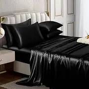 Horbaunal 6 Piece Satin Sheet Set Queen Size Luxury Silky & Soft Black Satin Queen Bed Sheet Set with 16" Deep Pocket, 1 Fitted Sheet, 1 Flat Sheet, 4 Pillowcases