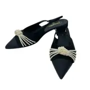 CHANEL Black Suede Pearl Trim CC Slingback Flats 42 | 11.5 G36467