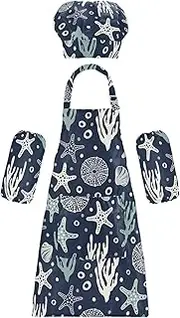 AIXIWAWA Kids Apron Chef Hat Set, Child Kitchen Bib Aprons Adjustable for Cooking Baking Painting (Sea Bottom)