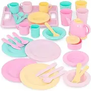 Battat Play Circle by – Dishes Wishes Dinnerware Set – Colorful Plates, Teapot, Cups, Spoons, Forks, Serving Tray, and More – Pretend Play Toy Kitchen Accessories