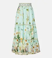 [Camilla] Camilla Floral tiered linen maxi skirt AU 14 blue