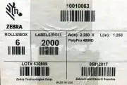 Zebra 10010063 2.25 x 1.25in Direct Thermal PolyPro 4000D 6 Rolls of 2000s