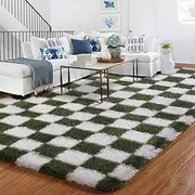 BYBSRLL 240x300cm Large Checkered Rug for Living Room, Olive Green and White Bedroom Area Rugs for Kids Baby Room, Nursery, Dorm, Lounge Decor, Thick Soft Fluffy Plush Floor Carpet