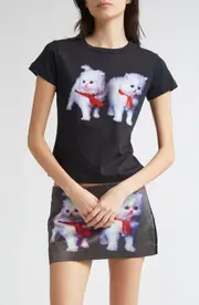 Ashley Williams Two Kittens Graphic Baby Tee in Black at Nordstrom, Size Small