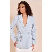 Light Blue Tie Waist Linen Look Blazer, Light Blue