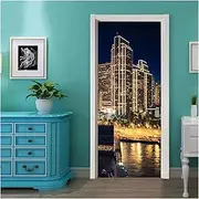 Door Stickers Self-Adhesive City Night View Art Door Stickers Home Decoration Door Cover Mural Porch Wallpaper Poster(77x200cm)