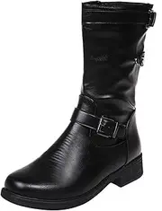 [HOBTEC] Women's Mid-Tube Snow Boots Cowboy Work Boots Retro Zipper Square Heel Solid Color Walking Boots Slippers Round Toe Shoes Riding Boots (Color : Black, Size : 7.5)