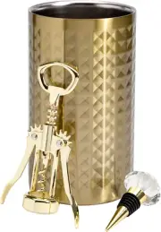 3-Piece Wine Bottle Chiller Set, Gold Insulated Chiller, Corkscrew & Stopper