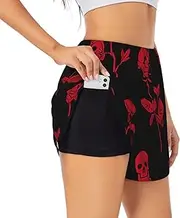 [WURTON] Skull Rose Print Exercise Gym Workout Shorts Women's Athletic Shorts Dual-Layered Yoga Running Shorts