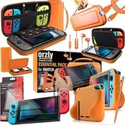 [Orzly] Switch Accessories Bundle – Carry Case for Nintendo Switch Console (NOT OLED MODEL) Tempered Glass Screen Protectors, USB Charging Cable, Switch Games Case, Comfort Grip Case & Headphones ORANGE