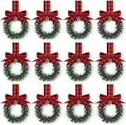12 PCS Christmas Cabinet Wreaths for Kitchen with Ribbon Mini Christmas Wreath with Berry Artificial Hanging Garlands Kitchen Wreath Greenery Wreath for Christmas Front Door Window Chair Wall(Black re