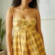 Urban Outfitters Lorelei Plaid Sleeveless Romper Yellow Crinkle Frayed Women XS
