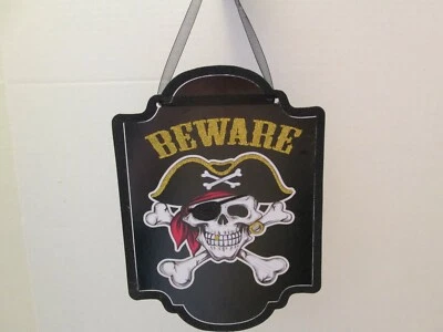 Halloween "Beware" Skull and Crossbones Plaque/Door Hanger 8 x 11", New