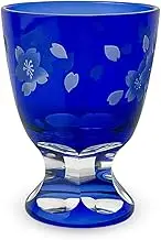 J-Kitchens Retro Kiriko Glass Cup, Japanese Sake, Diameter 2.3 x H3.1 inches (59 x 80 mm), 3.1 fl oz (80 cc), Cherry Blossom, Blue, Hanashou, Current Model