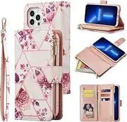 UEEBAI Wallet Case for iPhone 14 Pro Max 6.7 inch, Premium PU Leather Magnetic Closure Geometric Marble Handbag Zipper Pocket Case Kickstand Card Holder Slots Shockproof Flip Cover - Gold Pink Flower
