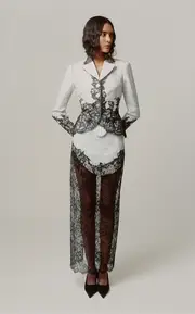 [Wiederhoeft] Lace-Paneled Brocade Maxi Skirt