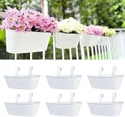 LaLaGreen Planter Boxes for Outdoor (6 Pack, 17 Inch) White Metal Deck Railing Hanging Flower Pots, Large Window Box Plant Holder Hooks Fence Rail Buckets Modern Herb Boho Style Wall Mount Porch Decor