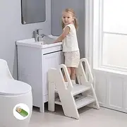 hoopyosms Foldable Step Stool for Kids Adjustable 3 to 2 Stool for Bathroom Sink Toddler Toilet Potty Training Stool Baby Kitchen Stool Children Step Ladder with Non-Slip Pads, Grey