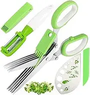 Herb Scissors, Herb Stripper with 5 Blade and Cover, Vegetable Salad Cutter, Stainless Steel Peelers for Kitchen, Chopping Chive, Salad, Collard Greens, Parsley, Multifunction Scissors Set