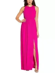 $295 Aidan Mattox Pink Flame Cutout Back Pleated Maxi Gown 0 NEW A415