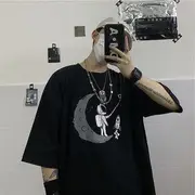 Elbow-Sleeve Crew Neck Astronaut Print Oversized T-Shirt Black - 4XL
