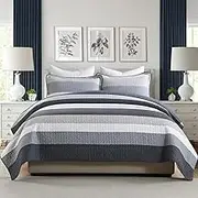 KALOOLA Striped Quilt King Size - 100% Cotton Ultra Soft Lightweight Quilted Bedding Set 3 Pieces, Modern Printed Bedspread with 2 Pillow Shams, Classic Bed Coverlet for All Season, Navy/Gray