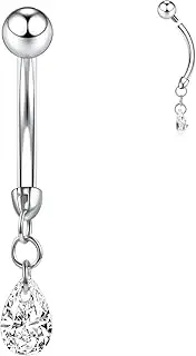 [PEAKLINK] Dangly Belly Button Ring 14G Belly Barbell G23 Titanium Belly Piercing Jewelry Dangle Navel Rings Cute Belly Bars 10mm Belly Ring Internally Threaded Long Curved Barbell for Women Girls with CZ