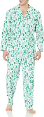 Amazon Essentials Men's Holiday Button Up Shirt & Pants Pants Festive Tree Large
