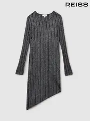 Reiss Black Jayden 13-14 yrs Metallic Ribbed Asymmetric Dress (E85666) | $165
