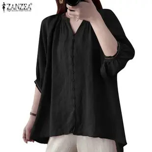 Zanzea 女式韓版日常半袖純棉前扣亞麻襯衫