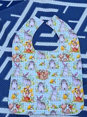 Handmade Adult Special Needs bib quilted EASTER RABBITS BUNNY FLOWERS chickens