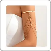 [Rannyrena] Punk Multi-layered Tassel Chain Upper Arm Cuff Bohemian Star Shell Disc Flower Pendant Armlet Bangle Bracelet Adjustable Open Cuff Armband Beach Wedding Prom Party Arm Accessories for Women